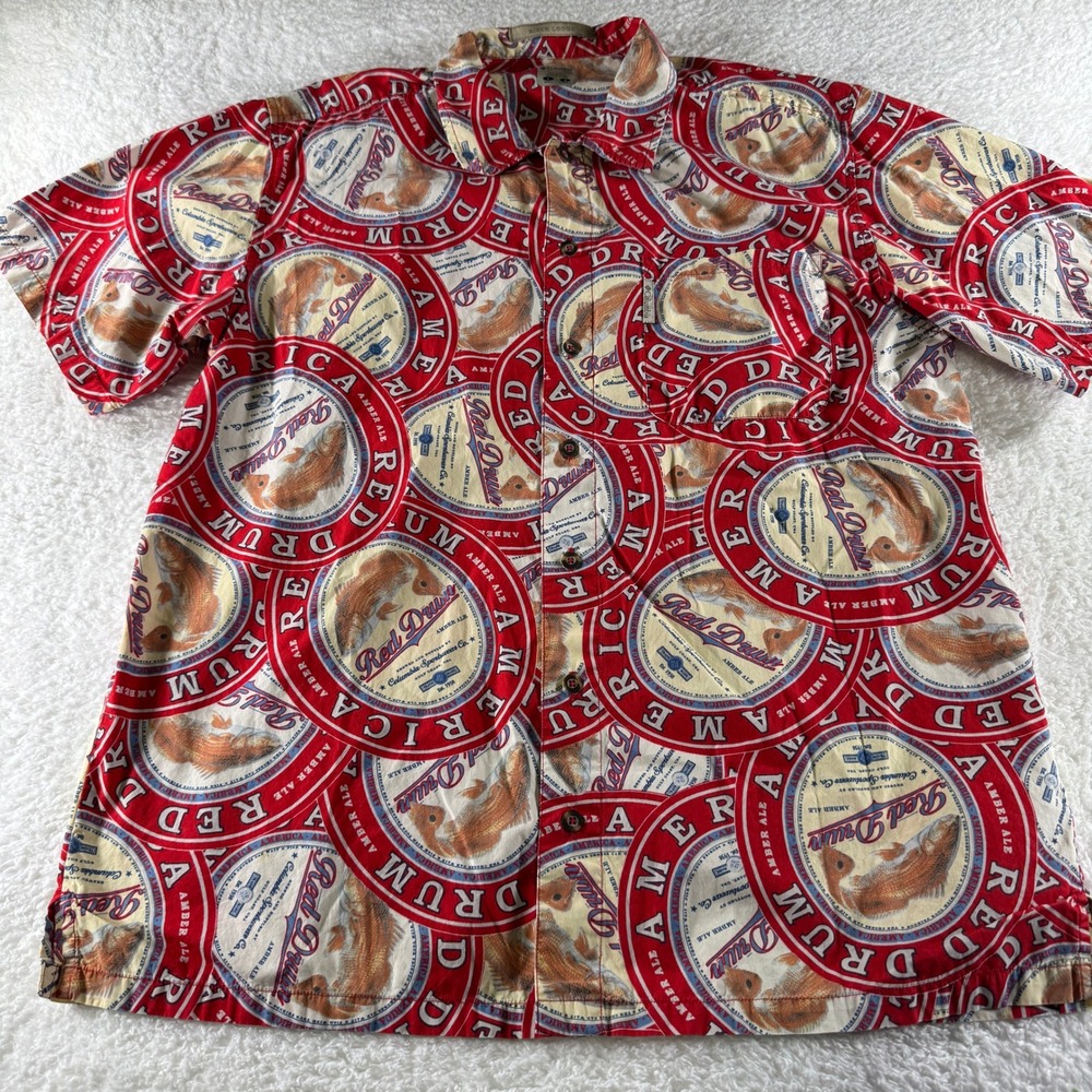 Mens Columbia River Lodge Button Up Red Drum Ale Fishing Shirt Size Large AOP - Picture 2 of 6